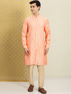 House of Pataudi Men Peach-Coloured Floral Embroidered A-Line Kurta