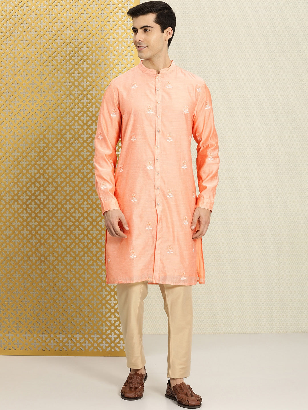 House of Pataudi Men Peach-Coloured Floral Embroidered A-Line Kurta