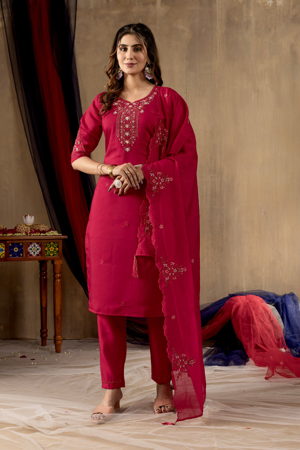 Vedant Vastram Roman Silk Embroidery & Sequence Work Stitched Kurta Pant Dupatta Set-Rani Pink - Distacart