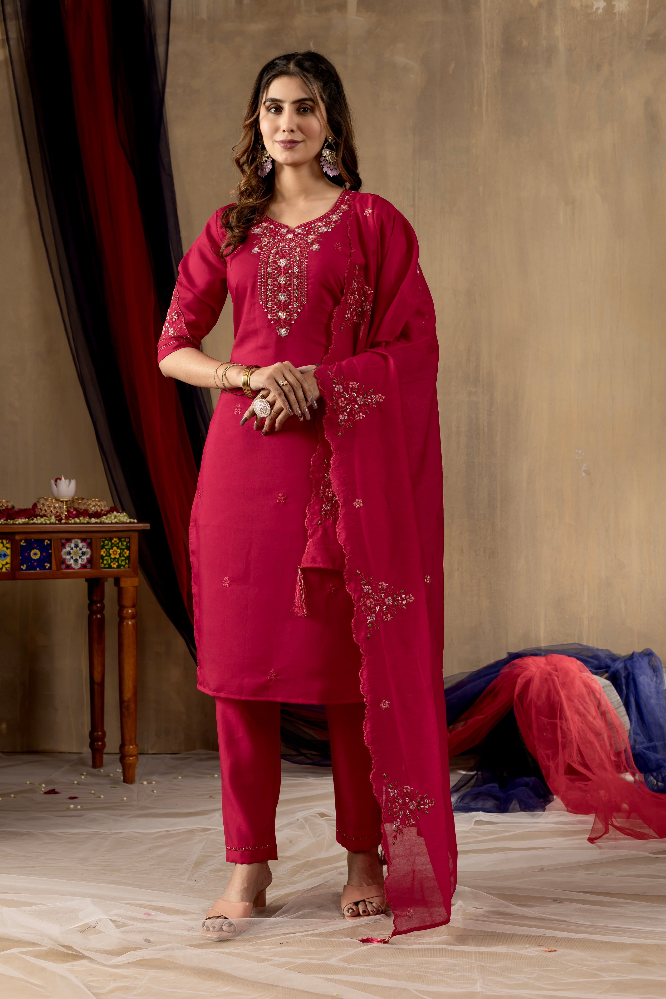 Vedant Vastram Roman Silk Embroidery & Sequence Work Stitched Kurta Pant Dupatta Set-Rani Pink - Distacart