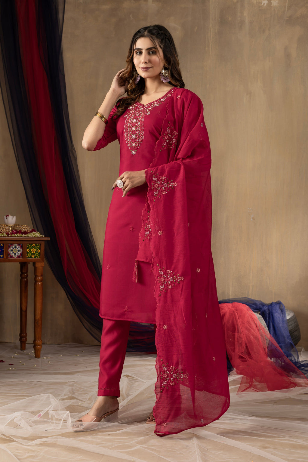 Vedant Vastram Roman Silk Embroidery & Sequence Work Stitched Kurta Pant Dupatta Set-Rani Pink - Distacart
