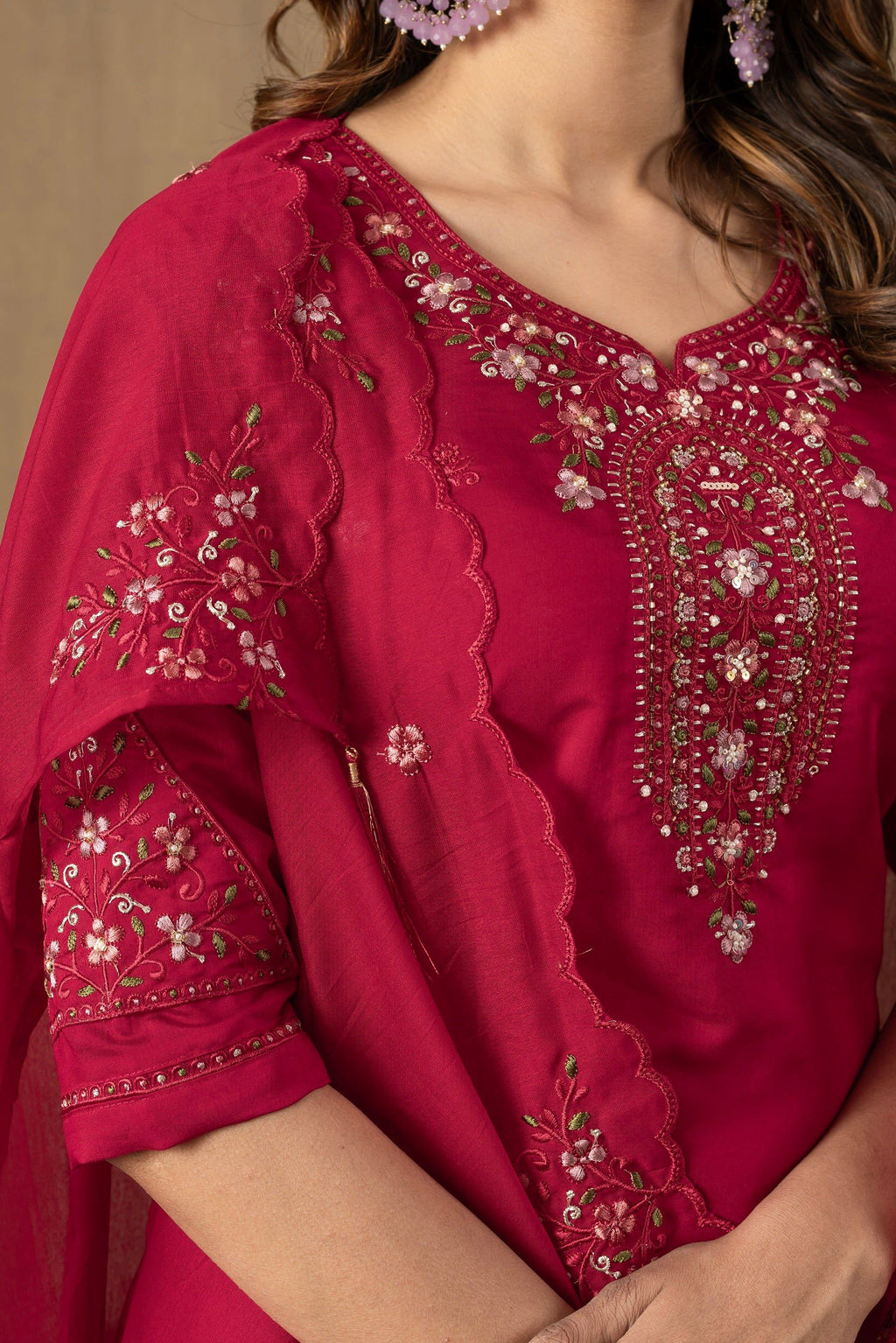 Vedant Vastram Roman Silk Embroidery & Sequence Work Stitched Kurta Pant Dupatta Set-Rani Pink - Distacart