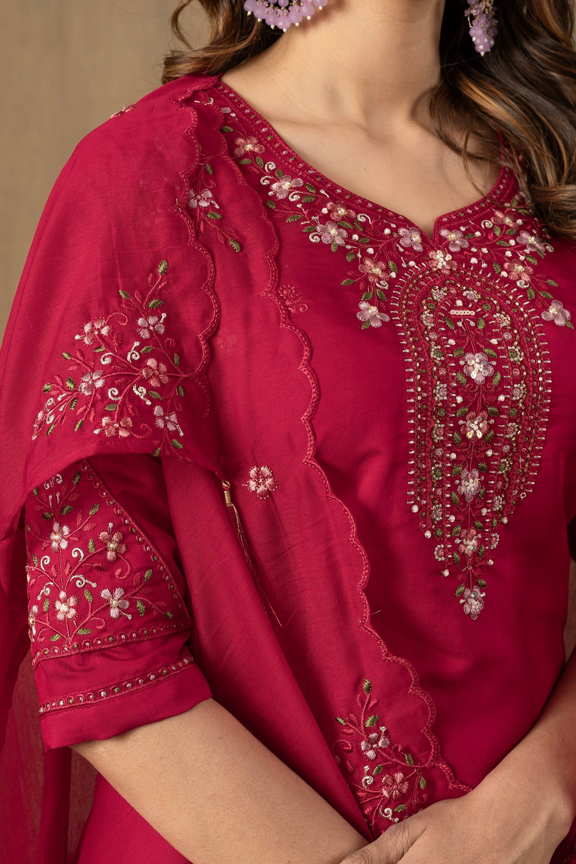 Vedant Vastram Roman Silk Embroidery & Sequence Work Stitched Kurta Pant Dupatta Set-Rani Pink - Distacart