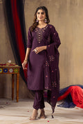Vedant Vastram Roman Silk Embroidery & Sequence Work Stitched Kurta Pant Dupatta Set-Wine - Distacart