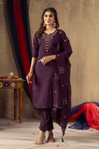 Vedant Vastram Roman Silk Embroidery & Sequence Work Stitched Kurta Pant Dupatta Set-Wine - Distacart