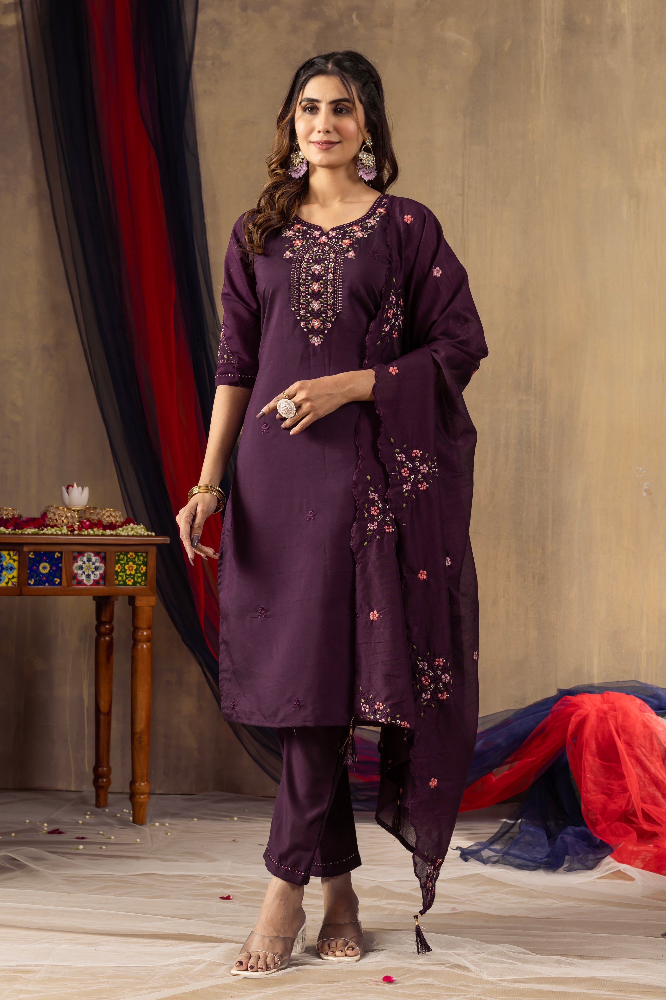 Vedant Vastram Roman Silk Embroidery & Sequence Work Stitched Kurta Pant Dupatta Set-Wine - Distacart