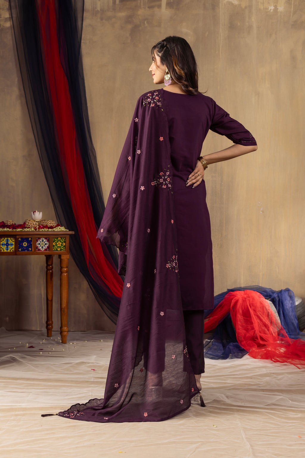 Vedant Vastram Roman Silk Embroidery & Sequence Work Stitched Kurta Pant Dupatta Set-Wine - Distacart
