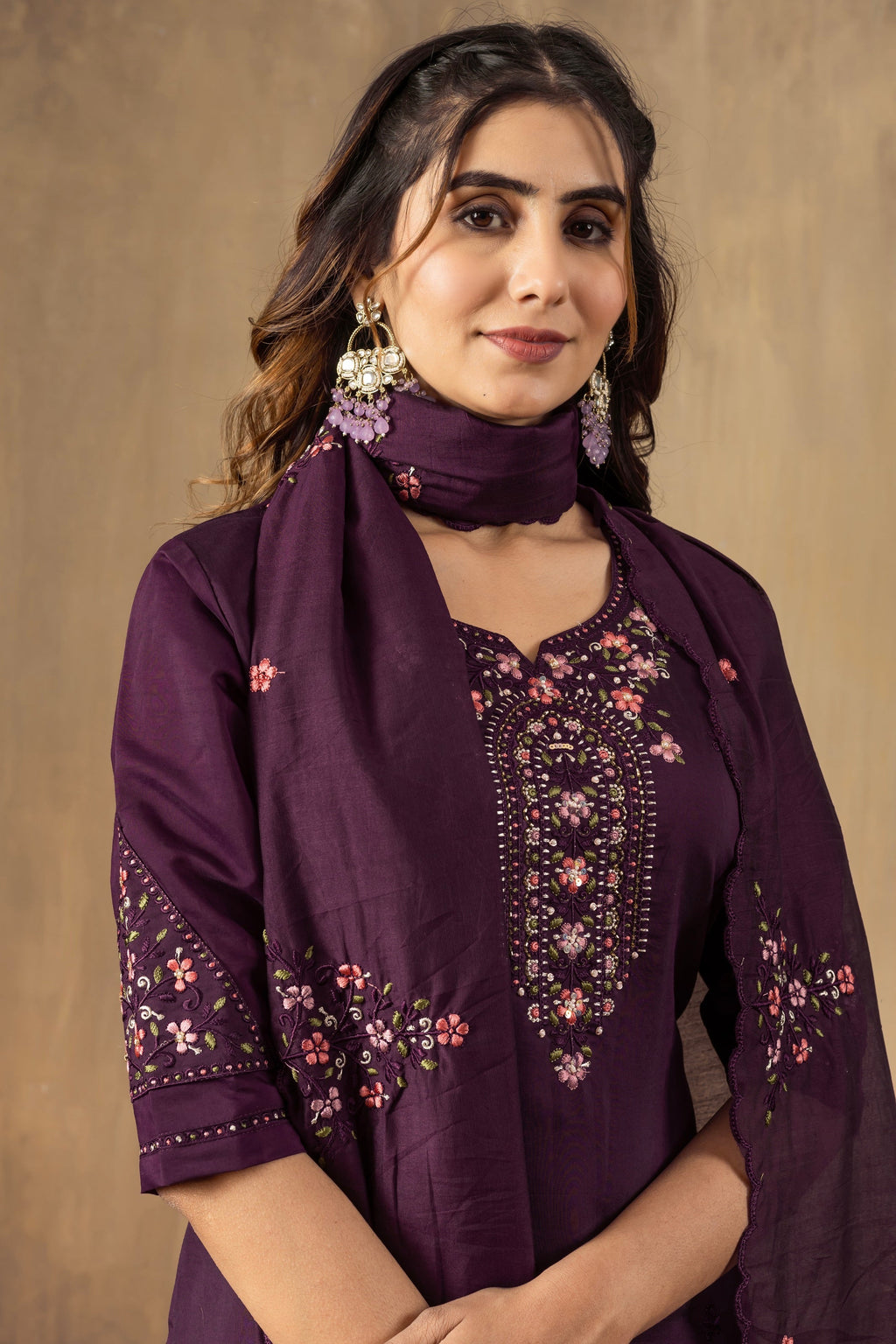 Vedant Vastram Roman Silk Embroidery & Sequence Work Stitched Kurta Pant Dupatta Set-Wine - Distacart
