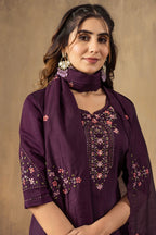 Vedant Vastram Roman Silk Embroidery & Sequence Work Stitched Kurta Pant Dupatta Set-Wine - Distacart