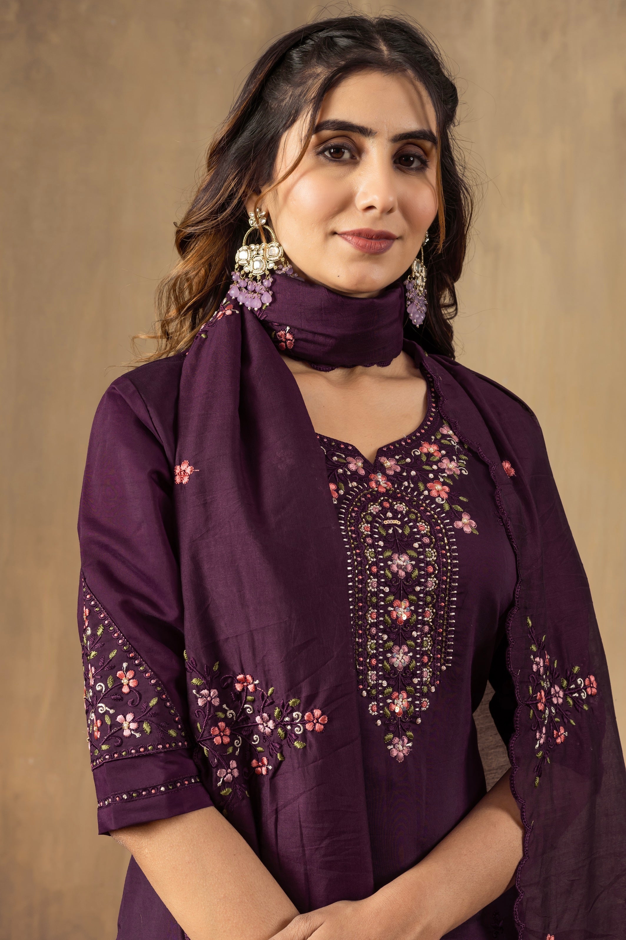 Vedant Vastram Roman Silk Embroidery & Sequence Work Stitched Kurta Pant Dupatta Set-Wine - Distacart