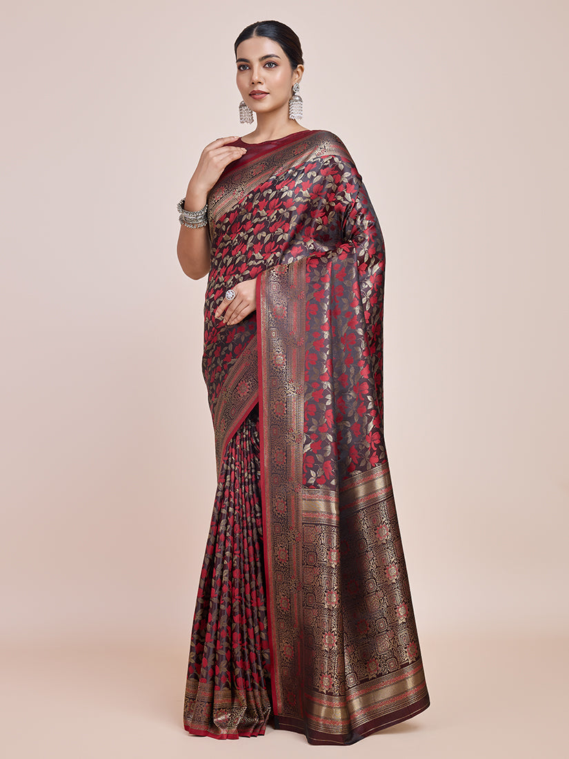 Monjolika Fashion Banarasi Satin Silk Maroon Weaving Designer Saree