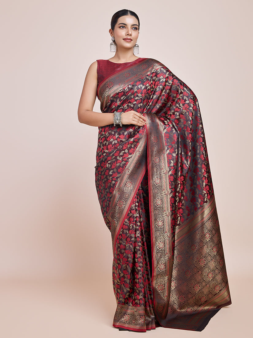 Monjolika Fashion Banarasi Satin Silk Maroon Weaving Designer Saree