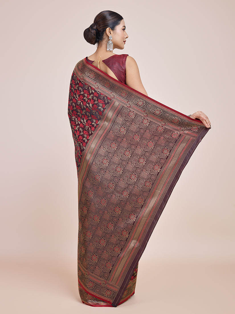 Monjolika Fashion Banarasi Satin Silk Maroon Weaving Designer Saree