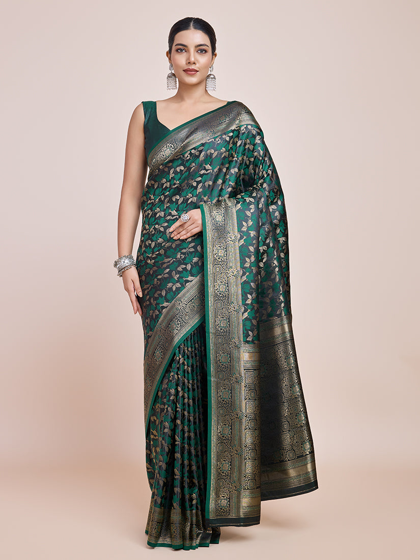 Monjolika Fashion Banarasi Satin Silk Dark Green Weaving Designer Saree - Distacart