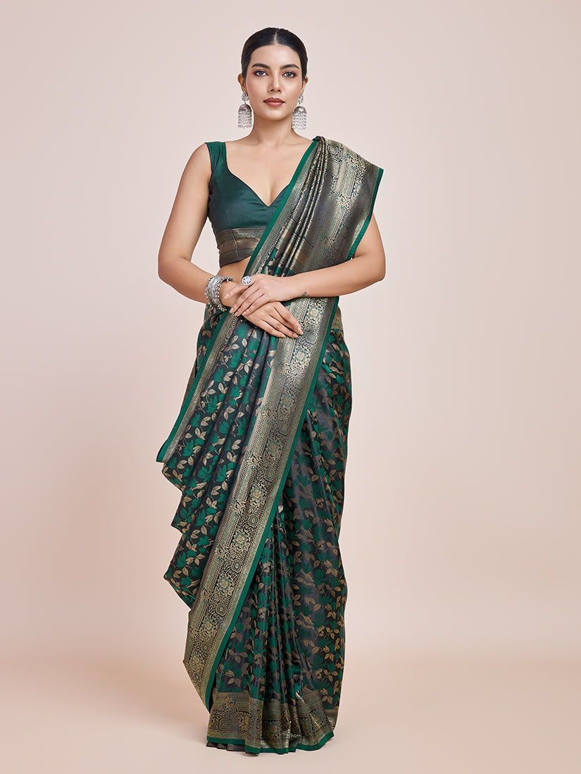 Monjolika Fashion Banarasi Satin Silk Dark Green Weaving Designer Saree - Distacart