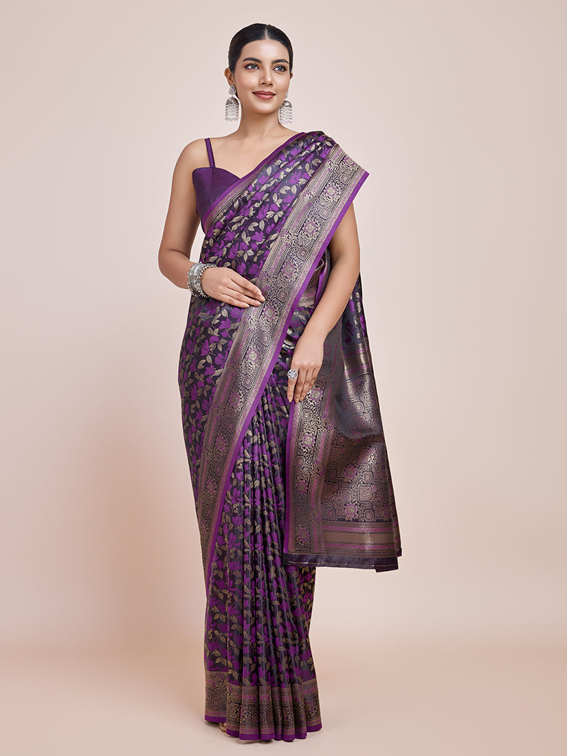 Monjolika Fashion Banarasi Satin Silk Dark Purple Weaving Designer Saree