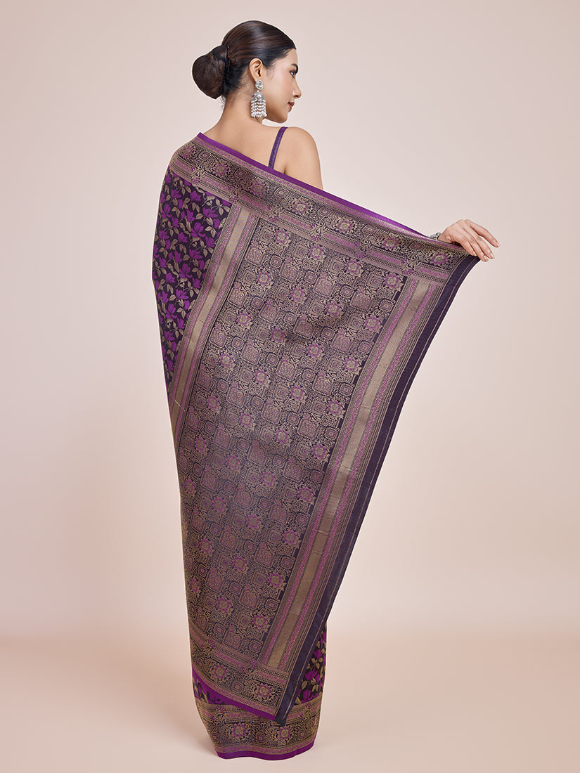 Monjolika Fashion Banarasi Satin Silk Dark Purple Weaving Designer Saree