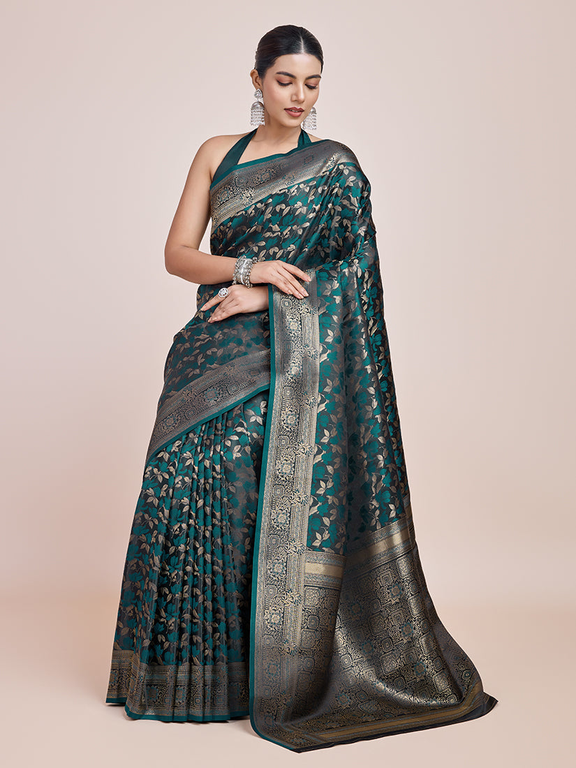 Monjolika Fashion Banarasi Satin Silk Dark Teal Weaving Designer Saree