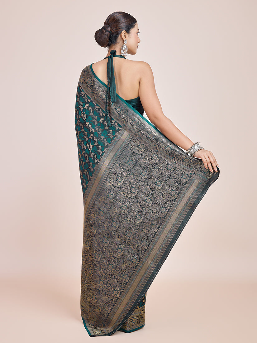 Monjolika Fashion Banarasi Satin Silk Dark Teal Weaving Designer Saree