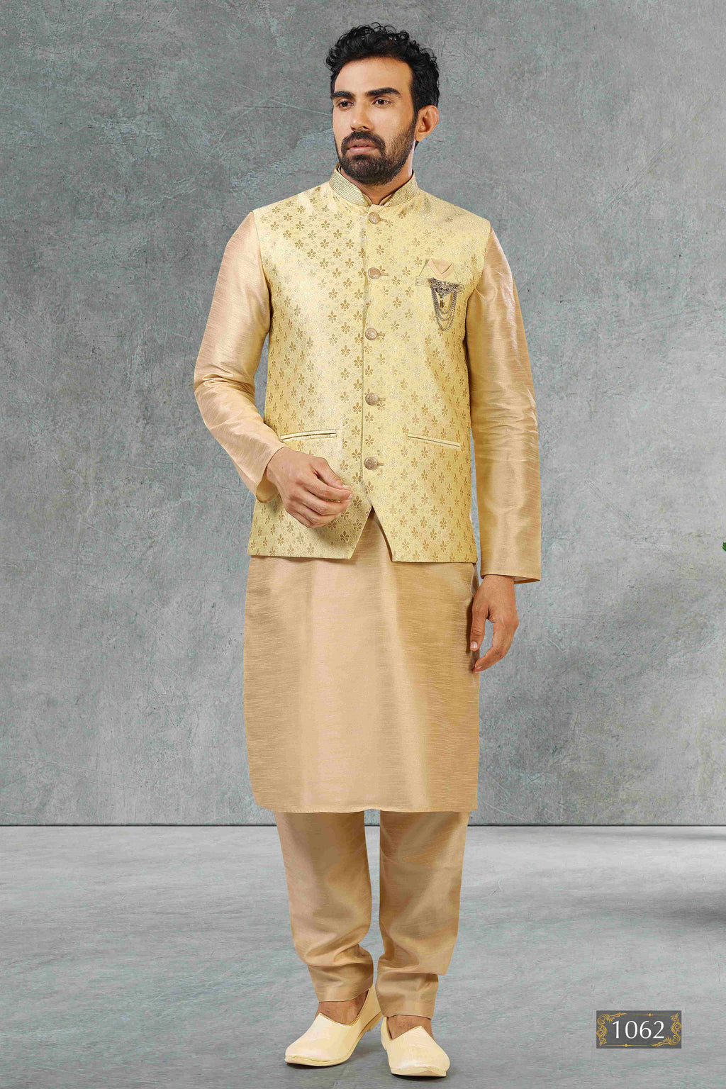 Raivat Ethnic Jacquard Banarasi Silk Woven Work 3 Pics Jacket Set In Gold Colour