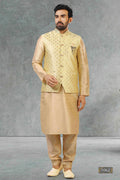 Raivat Ethnic Jacquard Banarasi Silk Woven Work 3 Pics Jacket Set In Gold Colour