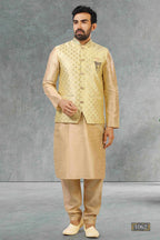 Raivat Ethnic Jacquard Banarasi Silk Woven Work 3 Pics Jacket Set In Gold Colour