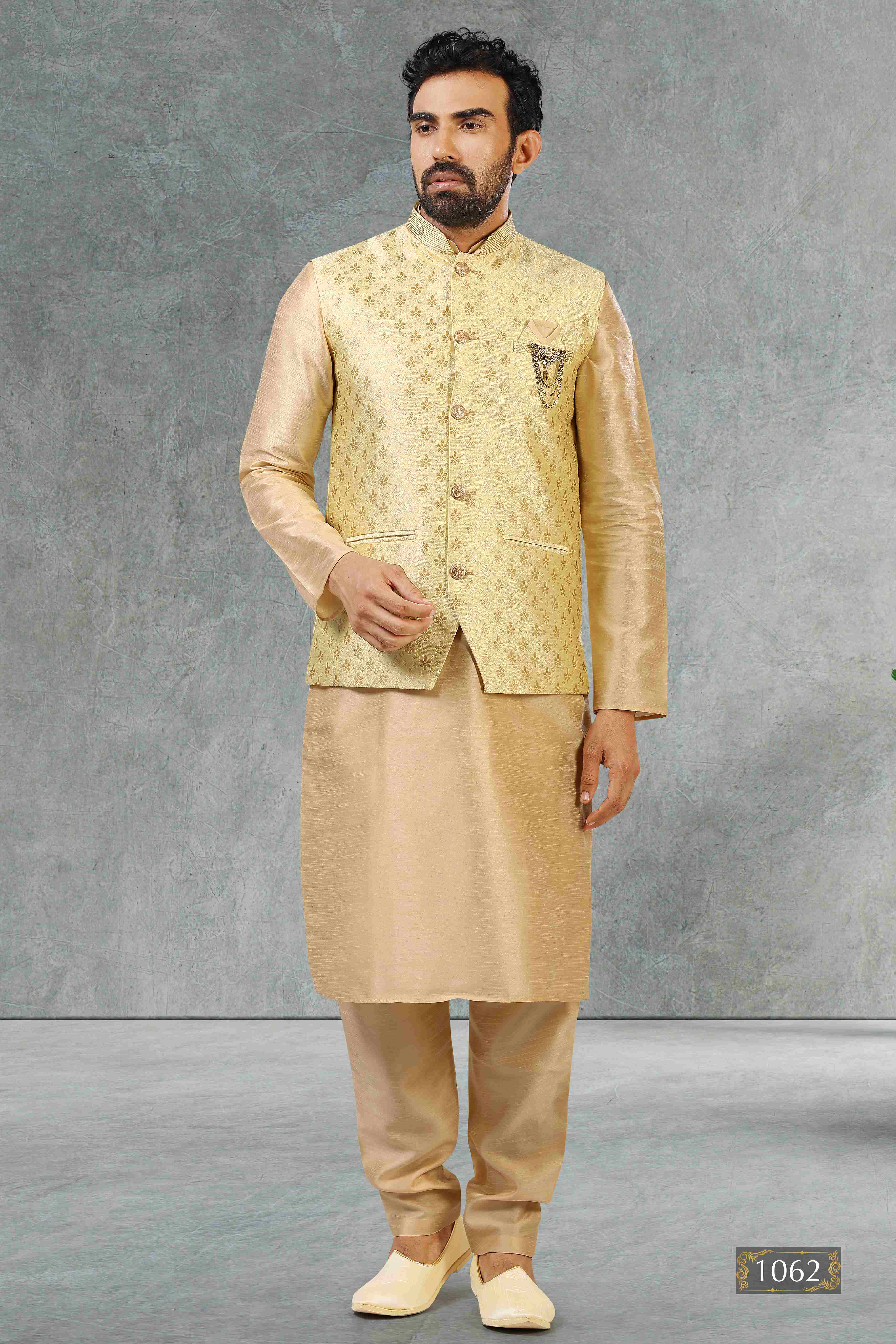 Raivat Ethnic Jacquard Banarasi Silk Woven Work 3 Pics Jacket Set In Gold Colour