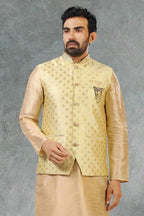 Raivat Ethnic Jacquard Banarasi Silk Woven Work 3 Pics Jacket Set In Gold Colour