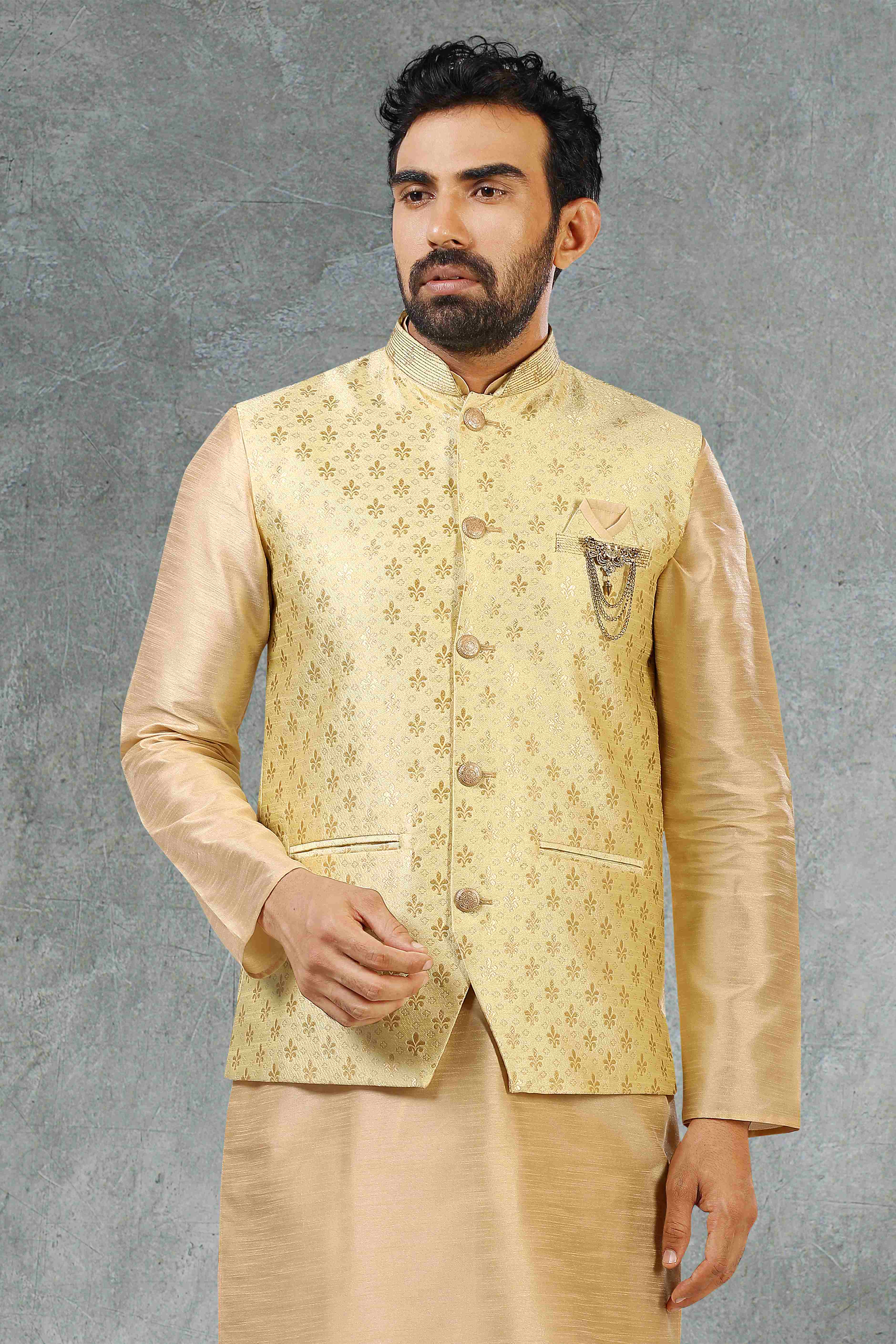 Raivat Ethnic Jacquard Banarasi Silk Woven Work 3 Pics Jacket Set In Gold Colour