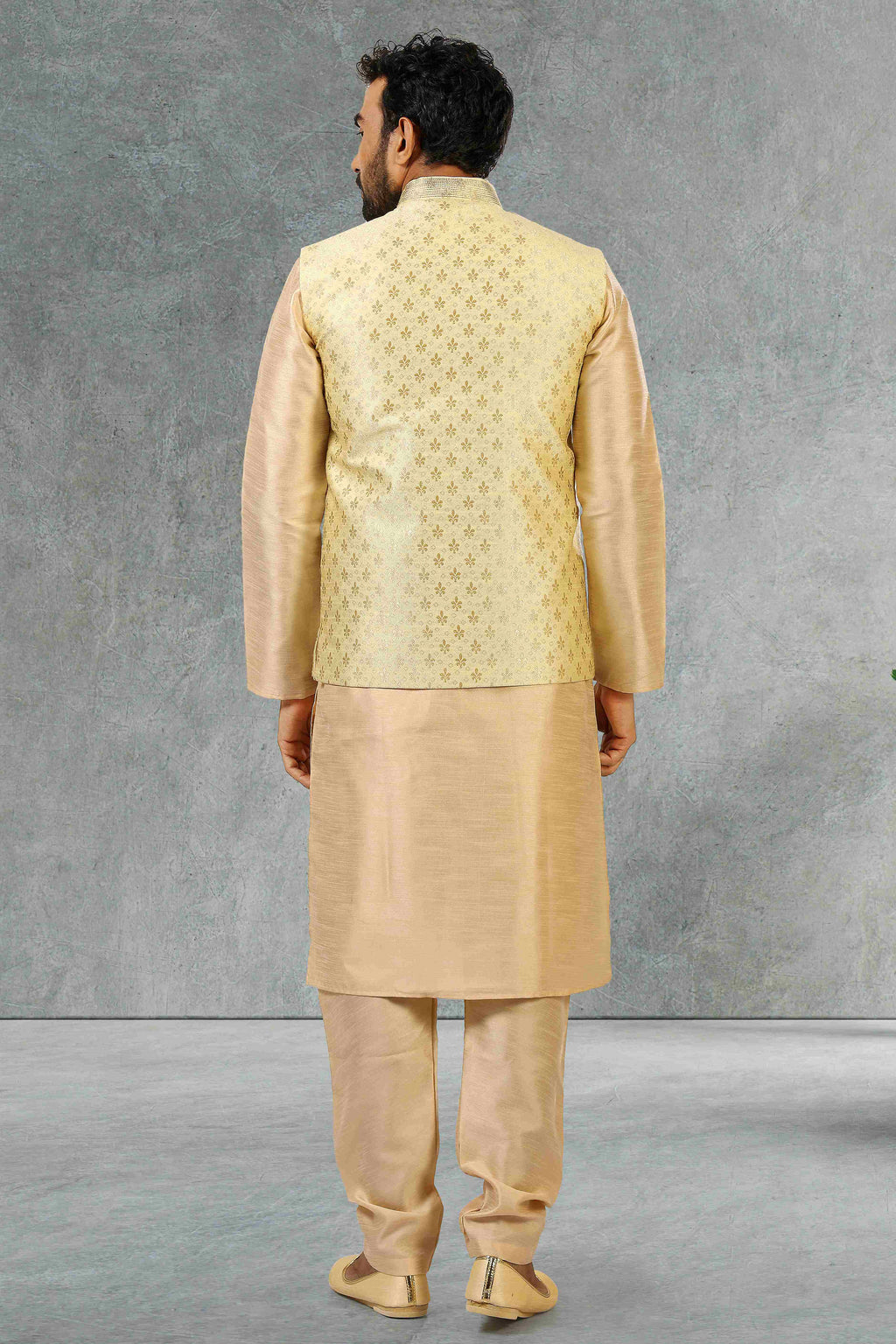 Raivat Ethnic Jacquard Banarasi Silk Woven Work 3 Pics Jacket Set In Gold Colour