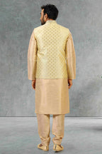 Raivat Ethnic Jacquard Banarasi Silk Woven Work 3 Pics Jacket Set In Gold Colour