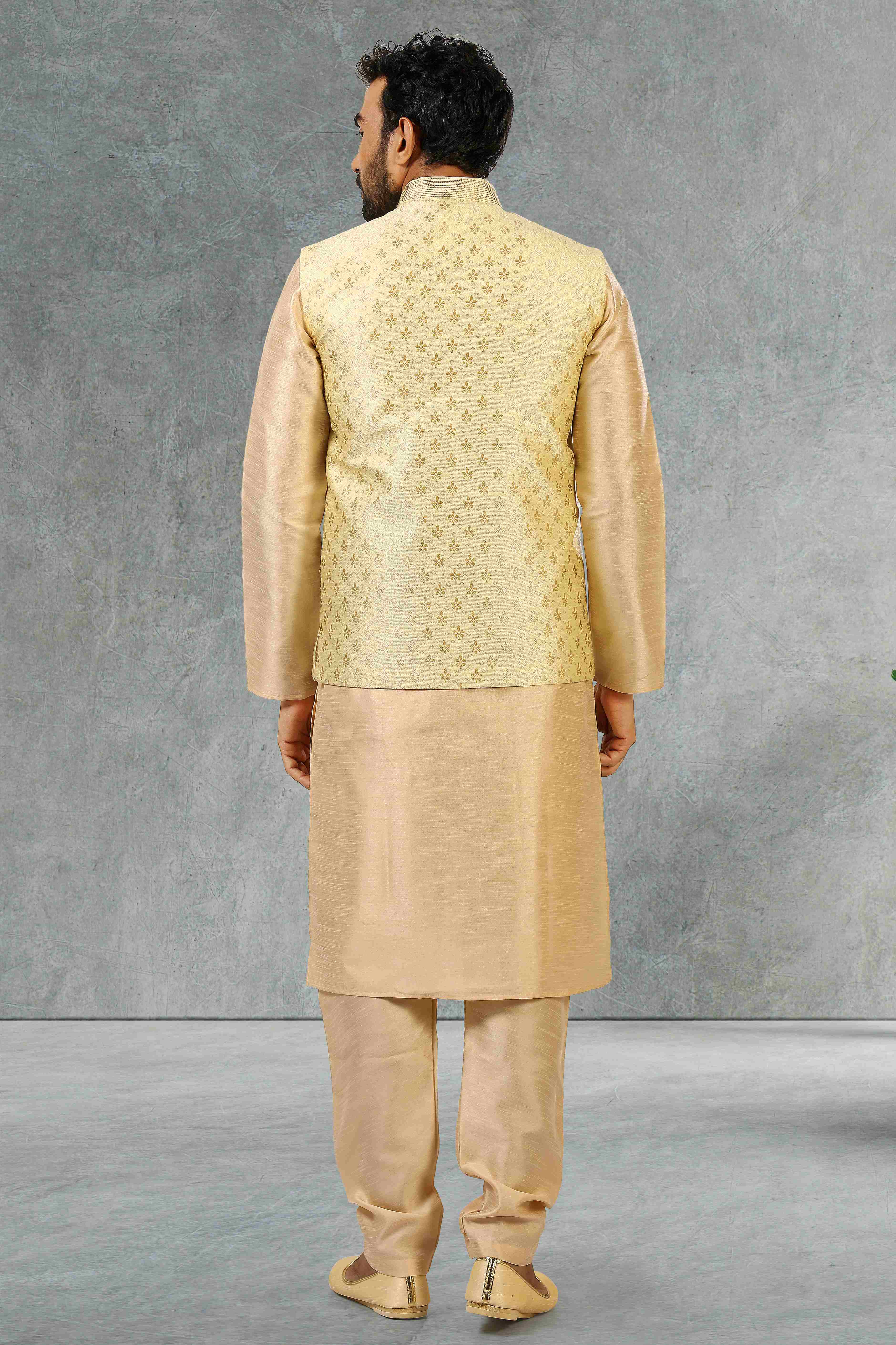 Raivat Ethnic Jacquard Banarasi Silk Woven Work 3 Pics Jacket Set In Gold Colour