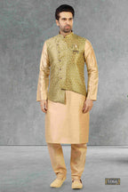 Raivat Ethnic Jacquard Banarasi Silk Woven Work 3 Pics Jacket Set In Light Green Colour