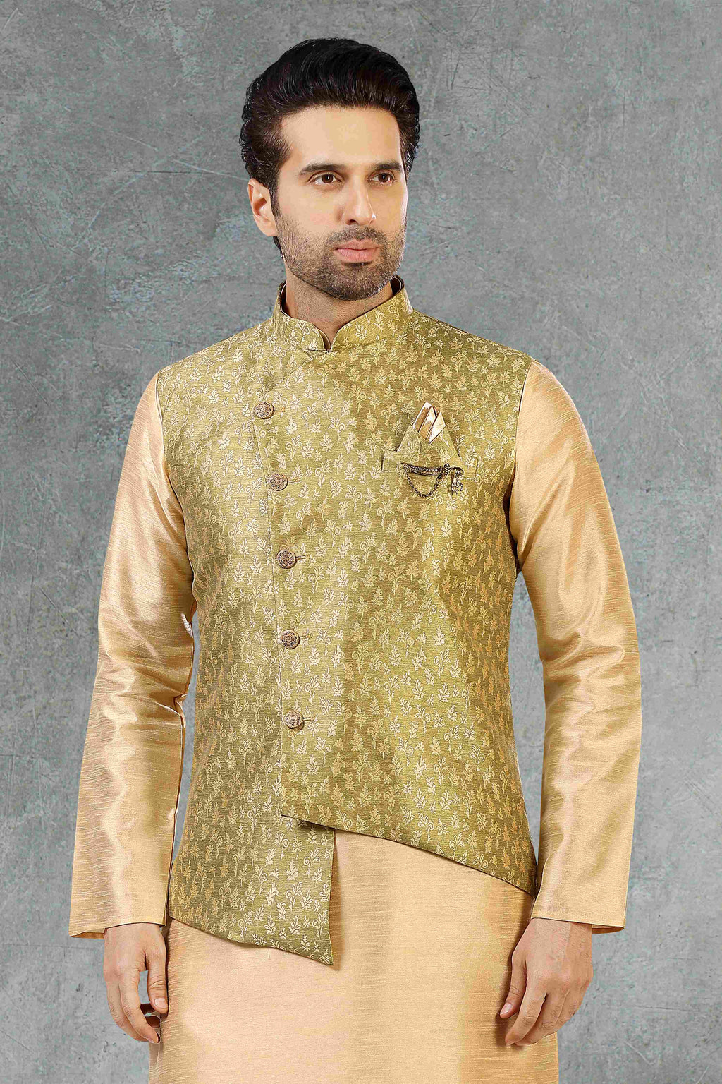 Raivat Ethnic Jacquard Banarasi Silk Woven Work 3 Pics Jacket Set In Light Green Colour