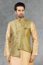 Raivat Ethnic Jacquard Banarasi Silk Woven Work 3 Pics Jacket Set In Light Green Colour