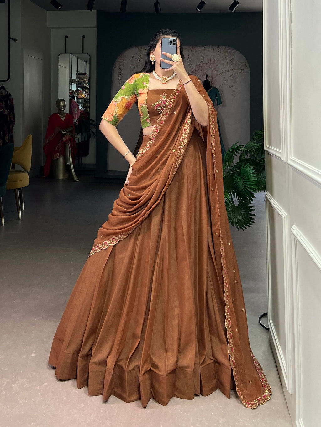 Lorenvalley Fashion Brown Chocolate Crush Silk Plain Lehenga Choli with Dupatta - Distacart