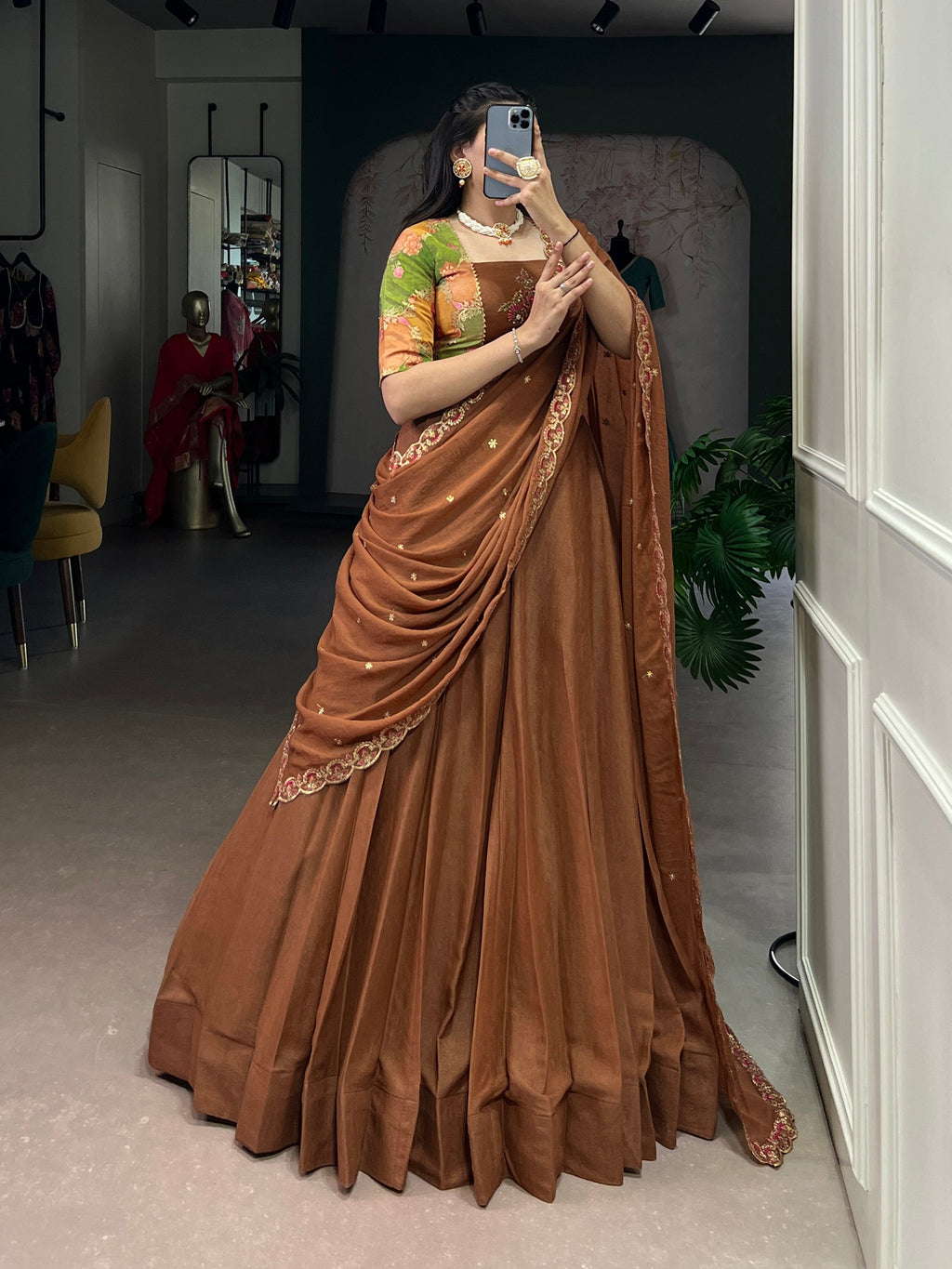 Lorenvalley Fashion Brown Chocolate Crush Silk Plain Lehenga Choli with Dupatta - Distacart
