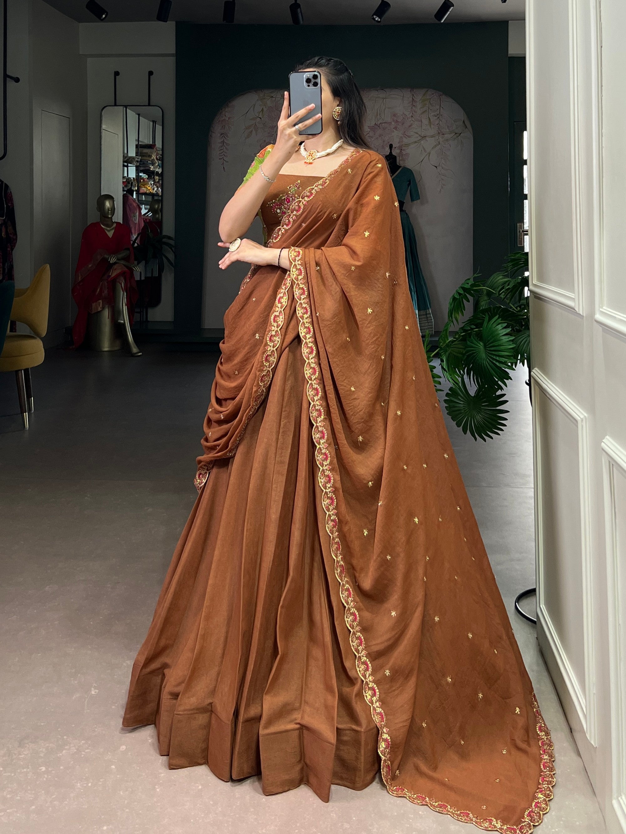 Lorenvalley Fashion Brown Crushed Silk Plain Lehenga Choli with Dupatta - Distacart