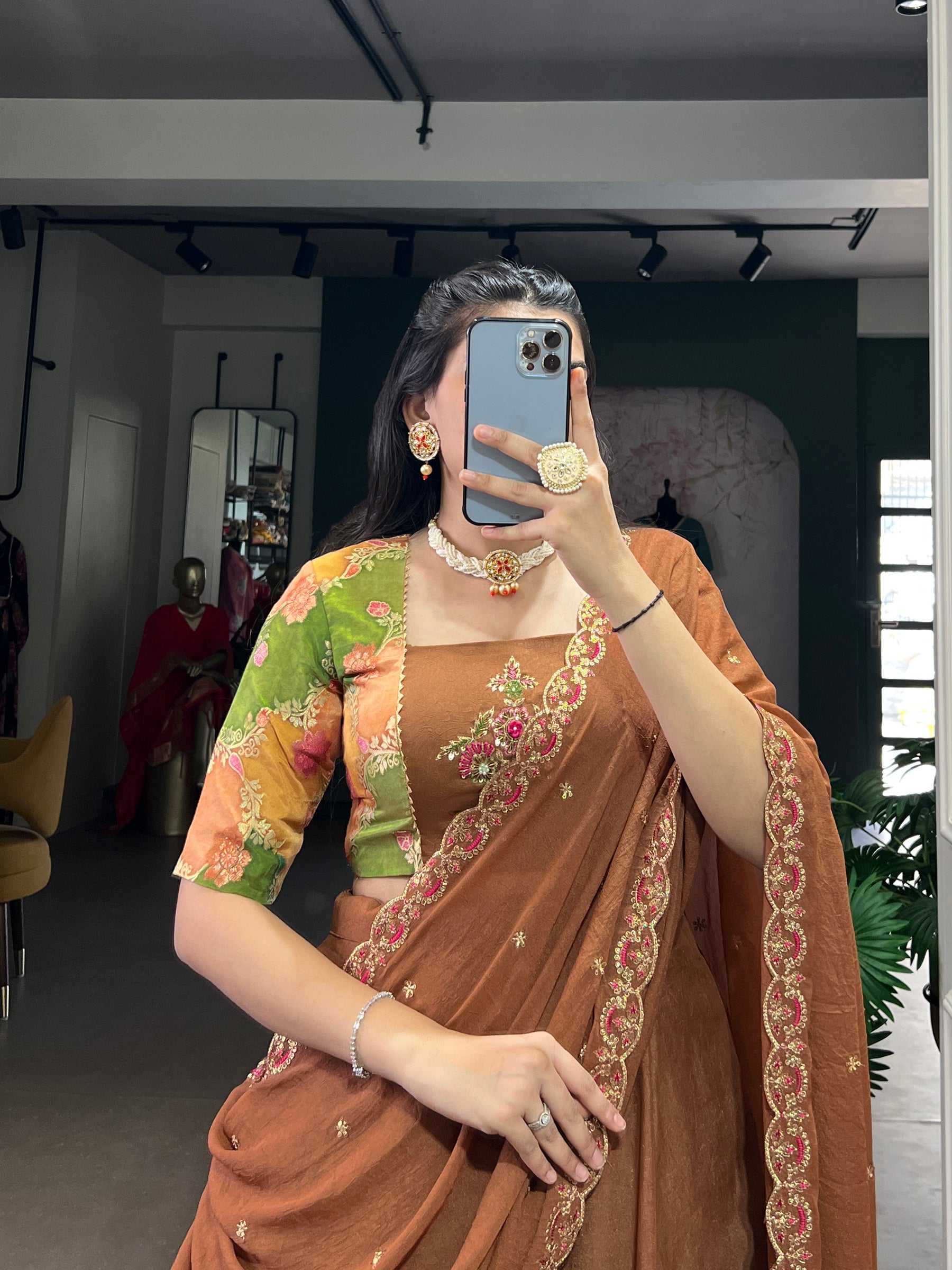 Lorenvalley Fashion Brown Chocolate Crush Silk Plain Lehenga Choli with Dupatta - Distacart