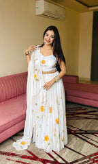 Lorenvalley Fashion White Organza with Hand-painted Floral Design Lehenga Choli with Dupatta - Distacart