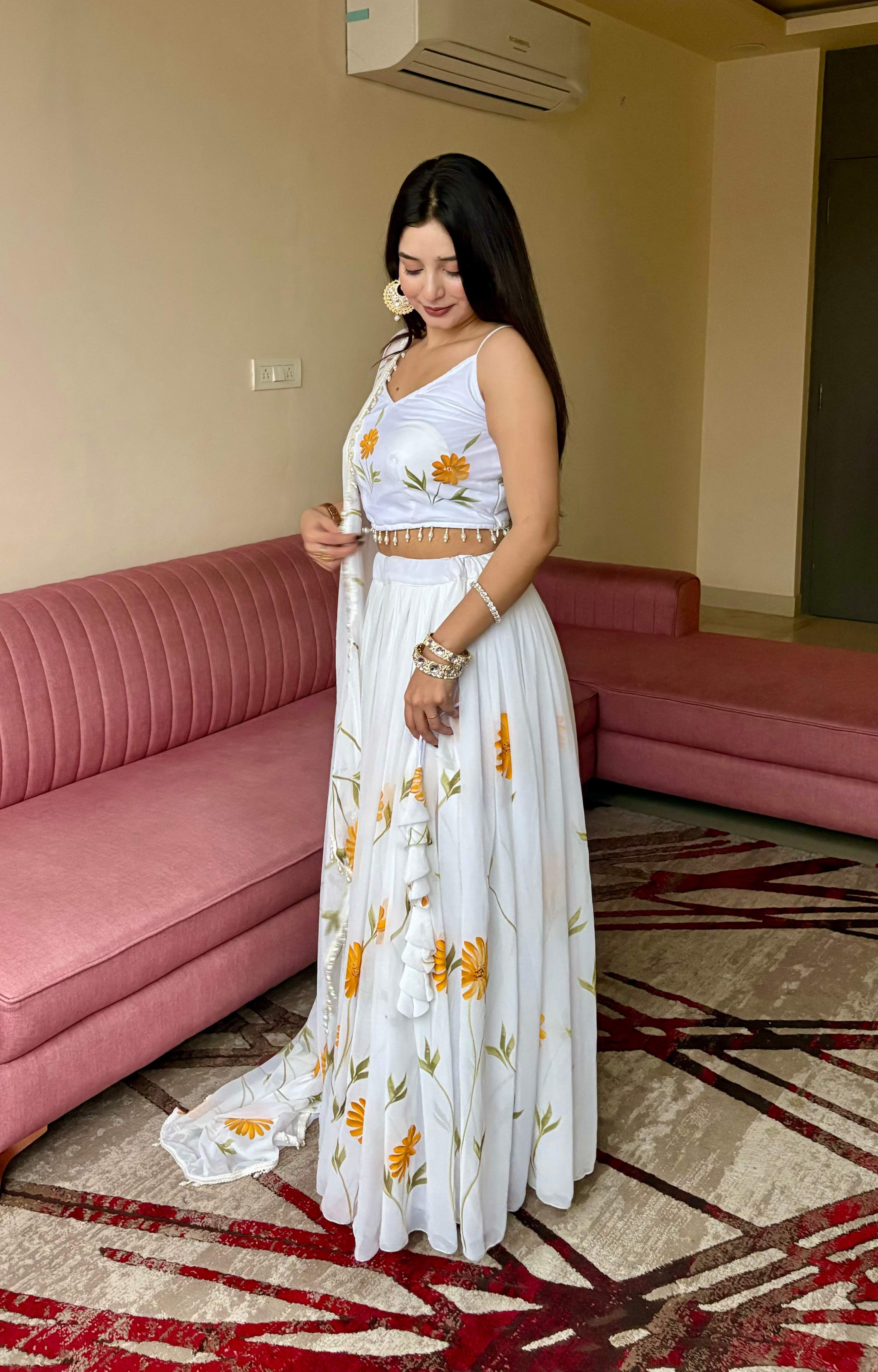 Lorenvalley Fashion White Organza with Hand-painted Floral Design Lehenga Choli with Dupatta - Distacart