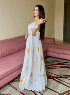 Lorenvalley Fashion White Organza with Hand-painted Floral Design Lehenga Choli with Dupatta - Distacart