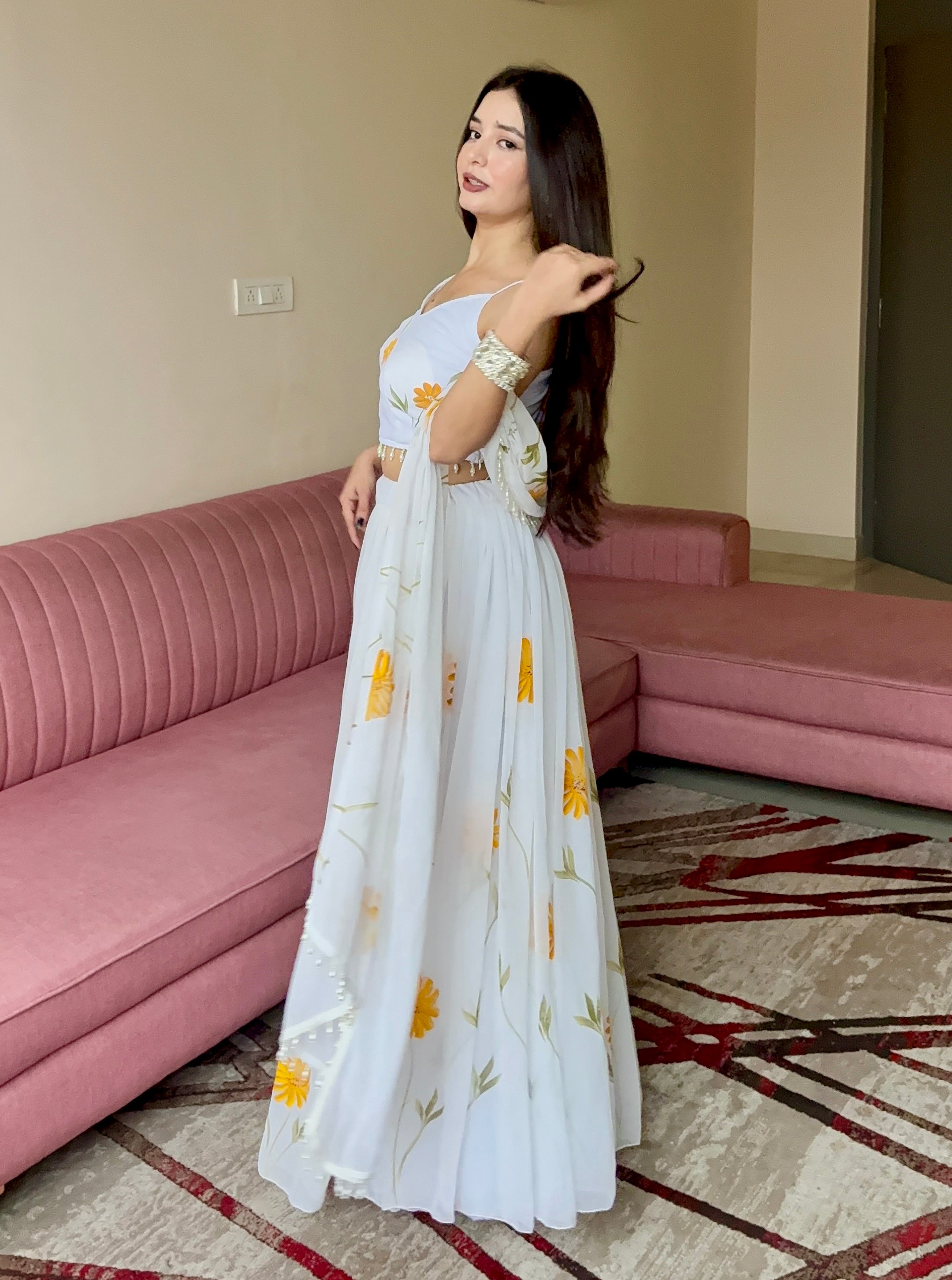 Lorenvalley Fashion White Organza with Hand-painted Floral Design Lehenga Choli with Dupatta - Distacart