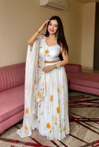 Lorenvalley Fashion White Organza with Hand-painted Floral Design Lehenga Choli with Dupatta - Distacart
