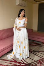 Lorenvalley Fashion White Organza with Hand-painted Floral Design Lehenga Choli with Dupatta - Distacart