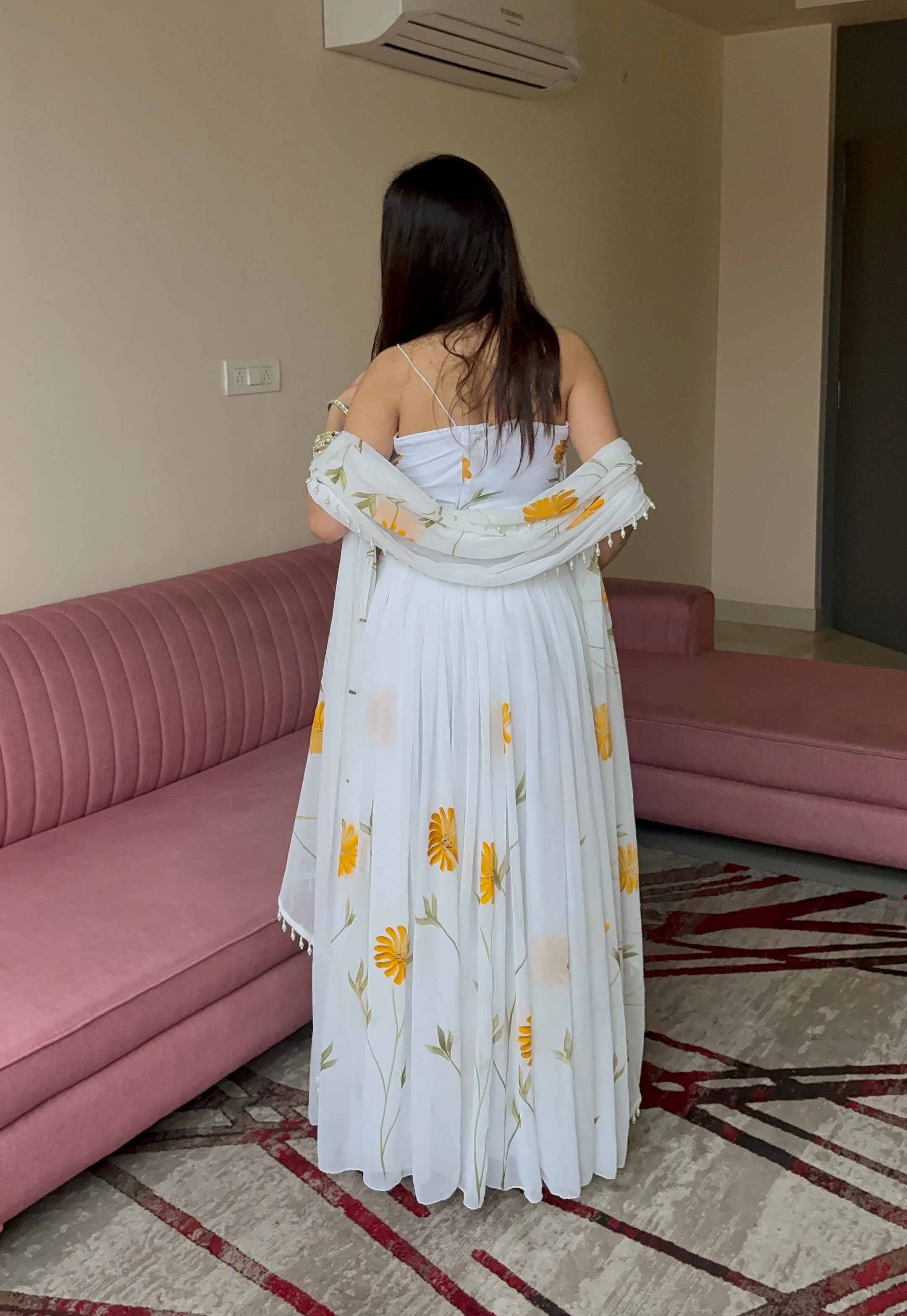 Lorenvalley Fashion White Organza with Hand-painted Floral Design Lehenga Choli with Dupatta - Distacart