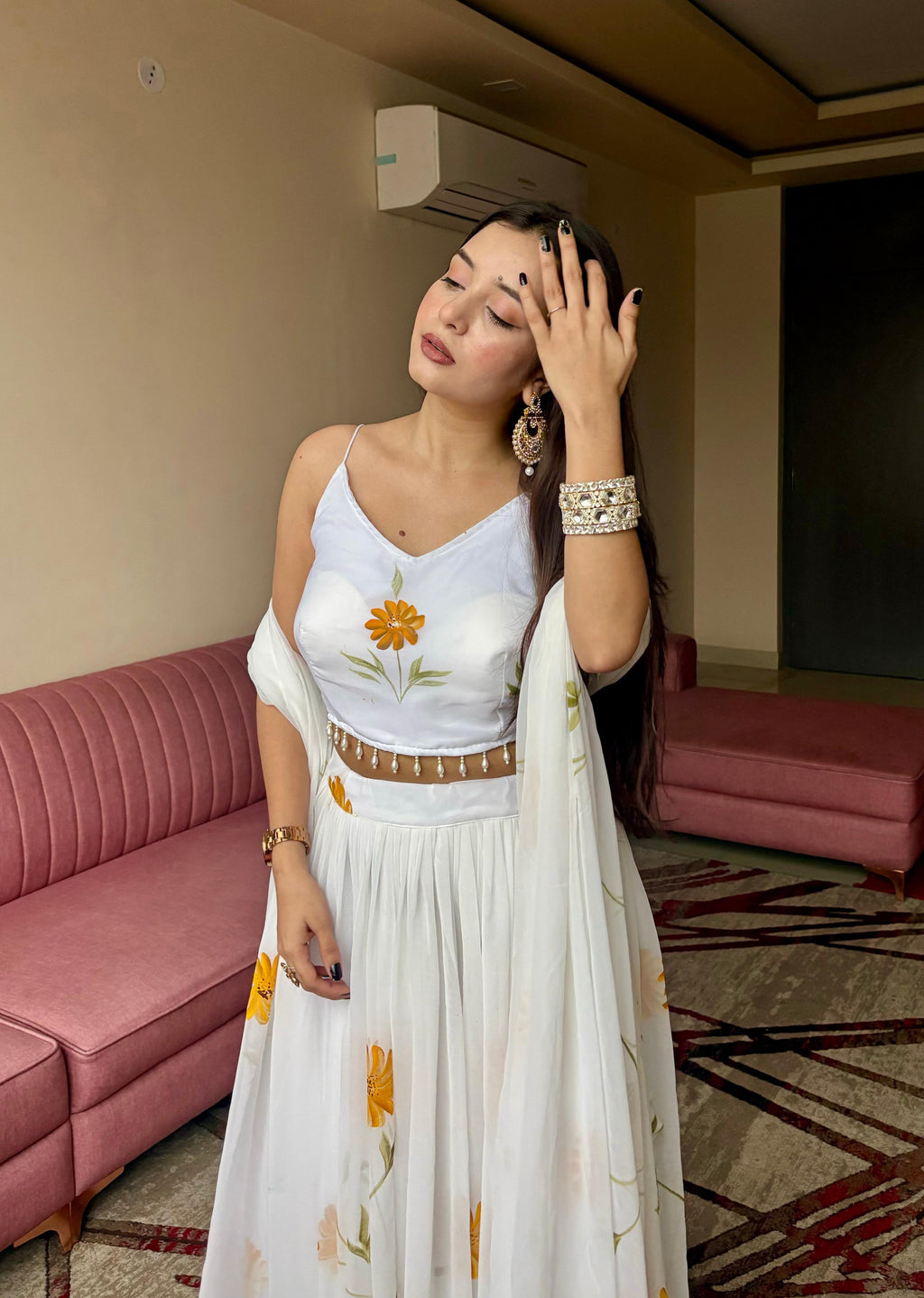Lorenvalley Fashion White Organza with Hand-painted Floral Design Lehenga Choli with Dupatta - Distacart