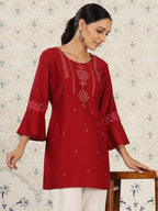 Red Chinon Embroidered Straight Top - Zeny