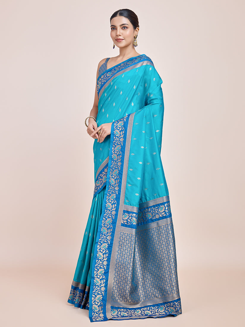 Monjolika Fashion Sky Blue Banarasi Silk In Satin Is Classy Embellished With Golden Zari Work Saree
