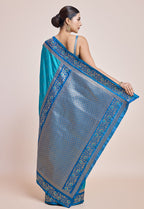 Monjolika Fashion Sky Blue Banarasi Silk In Satin Is Classy Embellished With Golden Zari Work Saree